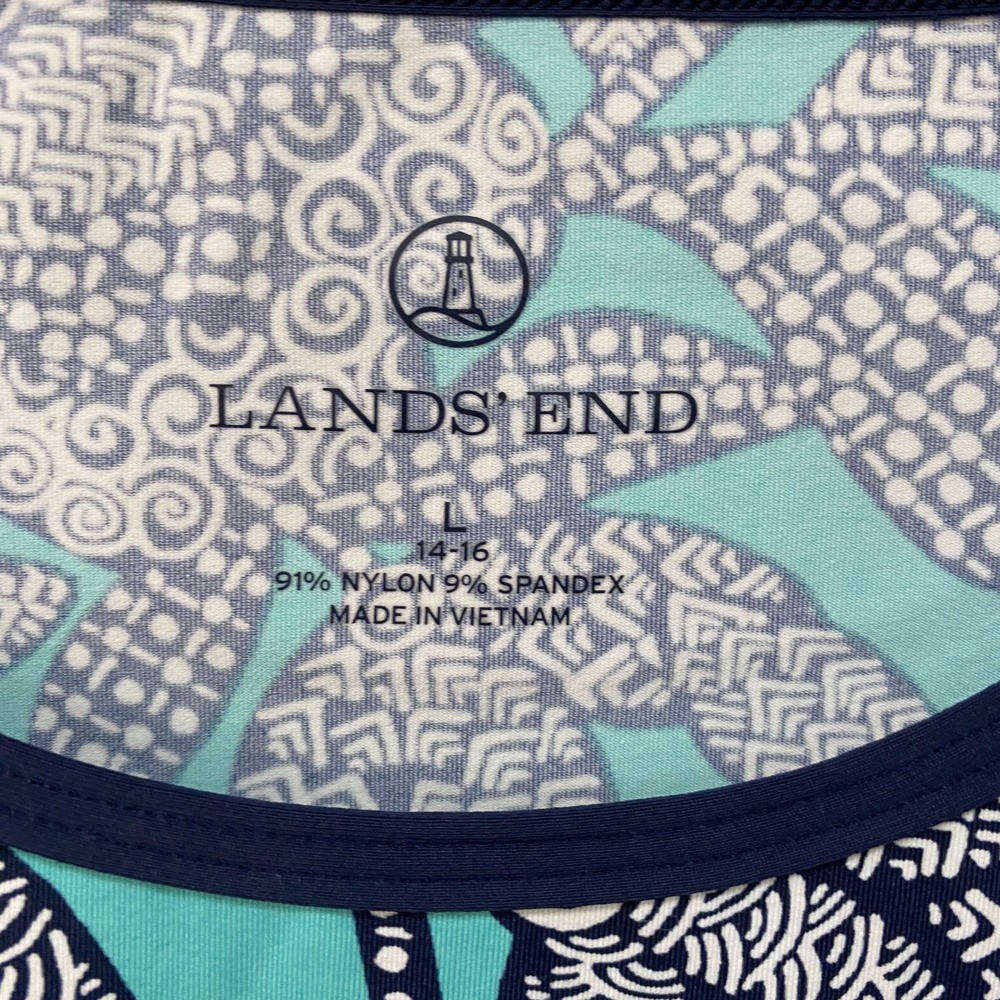 Lands' End L Floral Swim Shirt Rash Guard Long Sleeve Aqua Blue White Navy - Picture 3 of 9